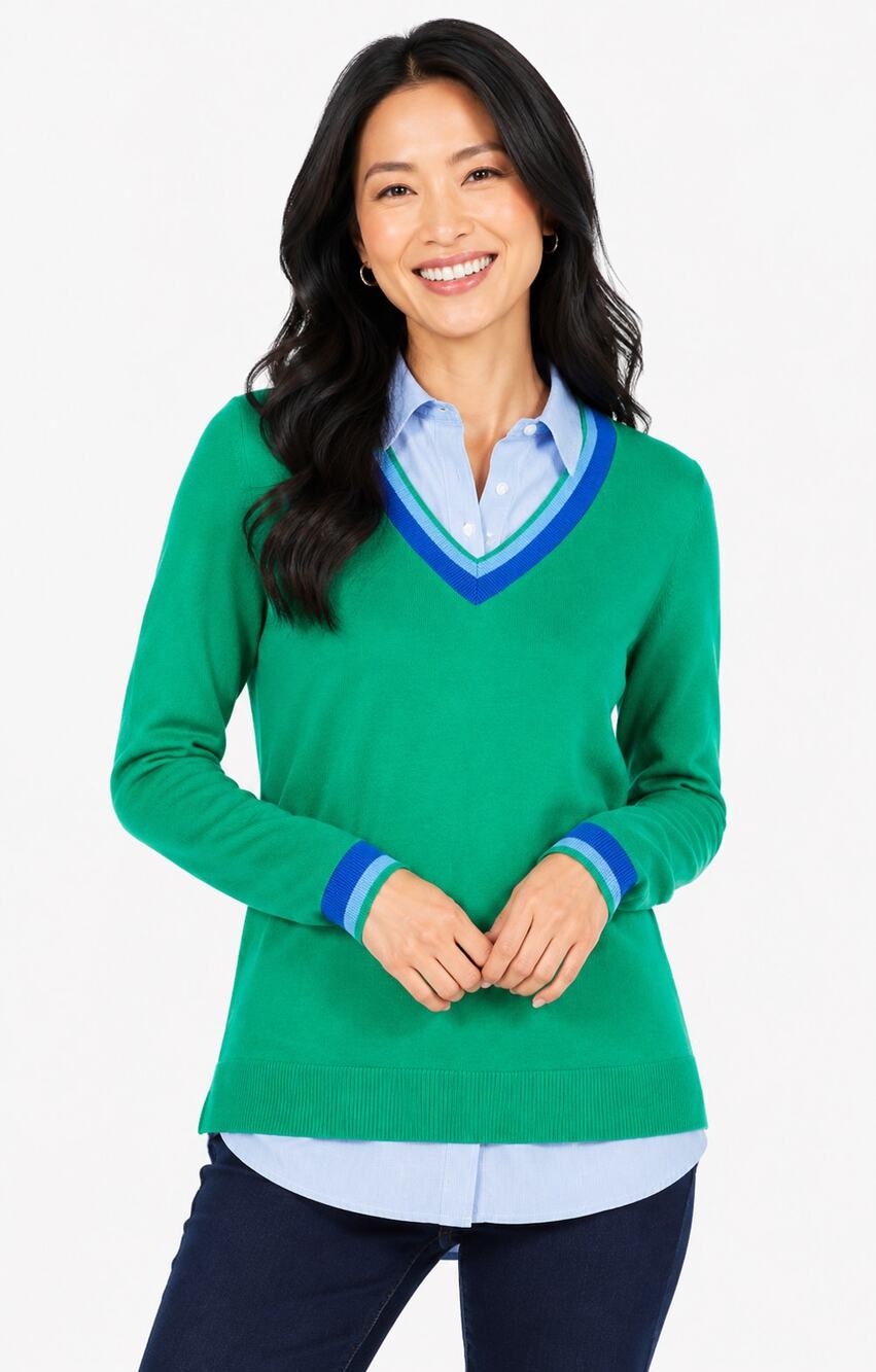 Talbots V Neck Cashmere Blend Cricket Layered Sweater Womens Medium Green Blue